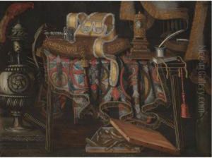 A Still Life With A Sword
Resting On A Cushion, A Clock, A Book And An Inkwell On A Partly Draped
Table Together With A Box Of Sweetmeats And An Urn In The Foreground by Francesco (Il Maltese) Fieravino