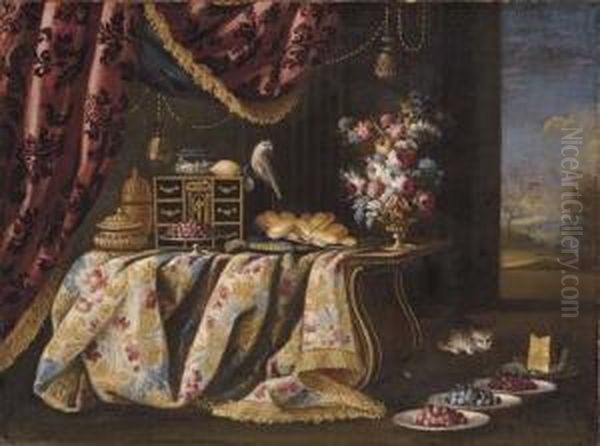 Silver Gilt Pots, A Cabinet, A 
Bowl Of Cherries, A Plate Of Bread Rolls, A Parrot And Flowers On A 
Draped Table, With A Cat And Plates Of Berries And Cheese - view 1