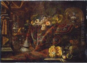 An Interior With A Fruit-laden 
Large Pewter Dish On A Table Draped With A Patterned Carpet; An Incense 
Burner, Melons And Other Fruit Arranged In The Foreground by Francesco (Il Maltese) Fieravino