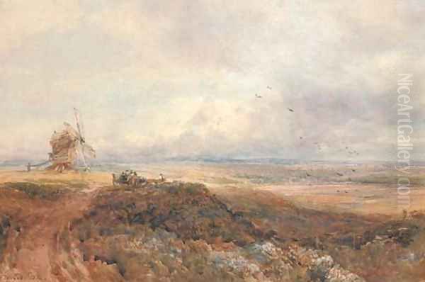 An old windmill and travellers on a moor - view 1