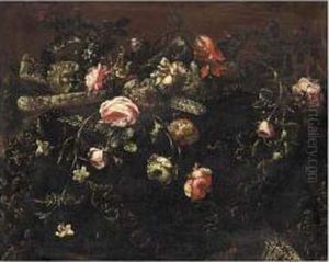 A Still Life Of Flowers And Sweetmeats On An Embroidered Table Cloth