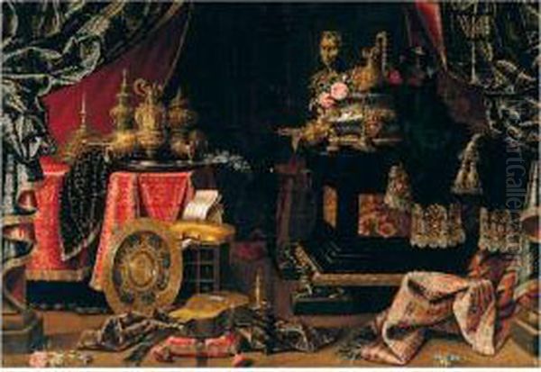 A Still Life Of Silver And Gilt
Objects Including A Basin, Ewers, A Wine Cooler And A Candlestick,
Together With A Violin, Guitar, Musical Score, Mirror, And A Classical
Bust Upon A Table And Casket, In An Interior Draped With Carpets And
Richly E - view 1