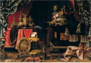 A Still Life Of Silver And Gilt 
Objects Including A Basin, Ewers, A Wine Cooler And A Candlestick, 
Together With A Violin, Guitar, Musical Score, Mirror, And A Classical 
Bust Upon A Table And Casket, In An Interior Draped With Carpets And 
Richly E