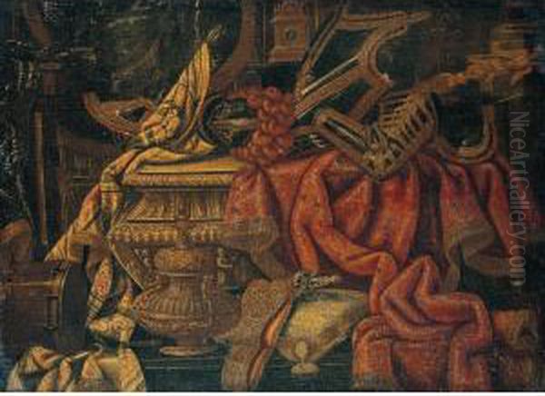 Still Life With Armour And An
Embroidered Carpet On A Marble Table, Together With A Drum And A Bronze
Urn - view 1