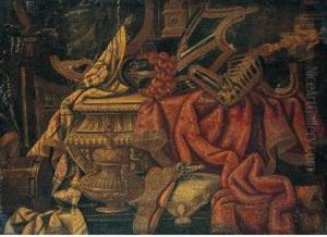 Still Life With Armour And An 
Embroidered Carpet On A Marble Table, Together With A Drum And A Bronze 
Urn