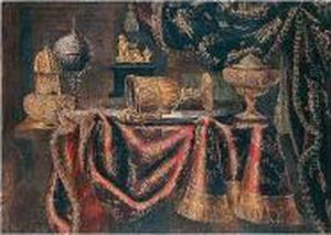 Still Life Of Silver Vessels 
Including A Ewer And Basin Upon A Table Draped With A Carpet
