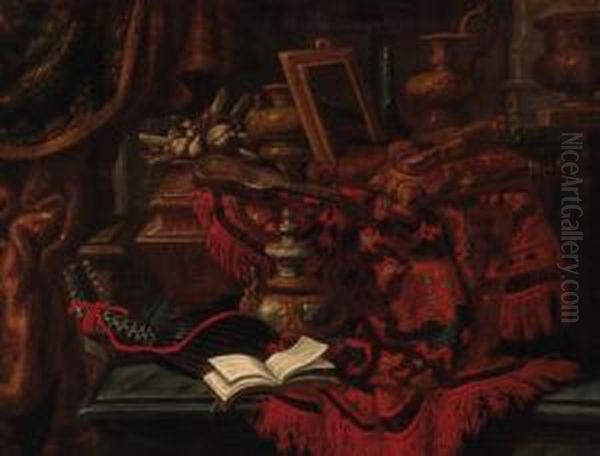 Violins, Ornamental Vases, A
Mirror And A Book Of Music On Apartially Draped Ledge In An Interior - view 1