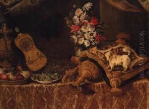 A Dog On A Cushion With An 
Upturned Ornamental Gilt Jug, A Bowl Offigs, A Basket Of Fruit, A 
Guitar, An Urn And A Vase Of Flowers Ona Draped Table by Francesco (Il Maltese) Fieravino