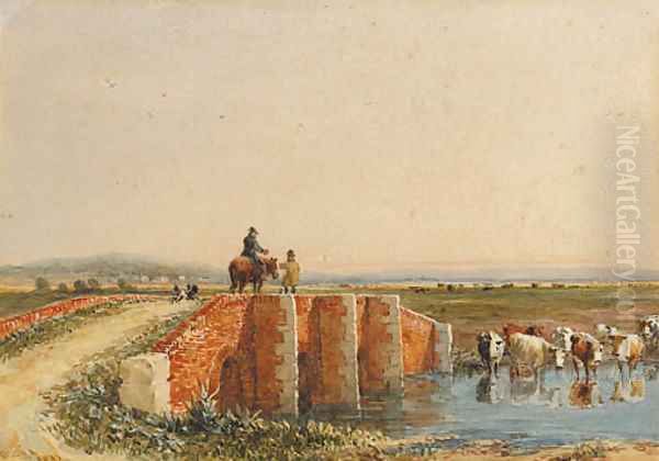 Figures crossing a bridge, cattle watering below - view 1