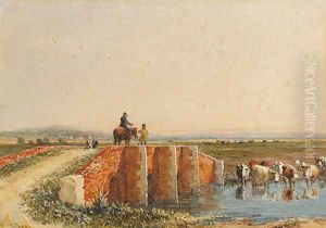 Figures crossing a bridge, cattle watering below Figures crossing a bridge, cattle watering below