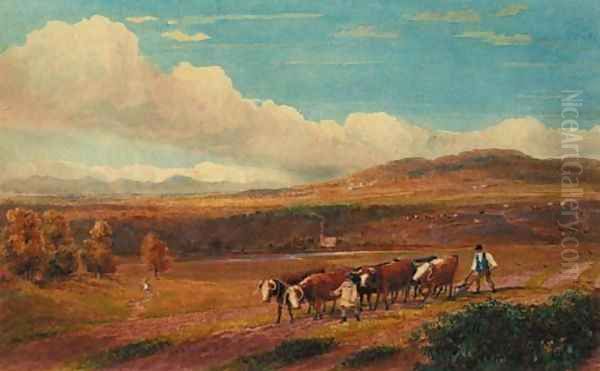 Ploughing with Oxen in Herefordshire with Stone Park and the Malvern Hills in the distance - view 1