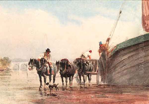 Unloading a boat on the Thames at low tide, London - view 1