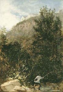 An angler on the river Llugwy, Bettws-y-Coed by David Cox