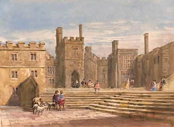 Figures in historical costume before Haddon Hall, Derbyshire - view 1