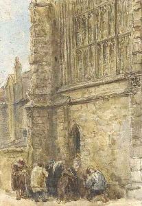 Figures receiving alms at the church door