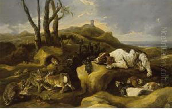 Spaniels Stalking Rabbits In The Dunes, A View Of The Sea Beyond - view 1