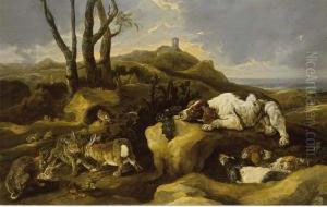 Spaniels Stalking Rabbits In The Dunes, A View Of The Sea Beyond