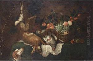 A Hunting Still Life With A 
Hare, A Partridge And Fruit In Baskets, All On A Table Draped With A 
Green Cloth, A Dog In Front