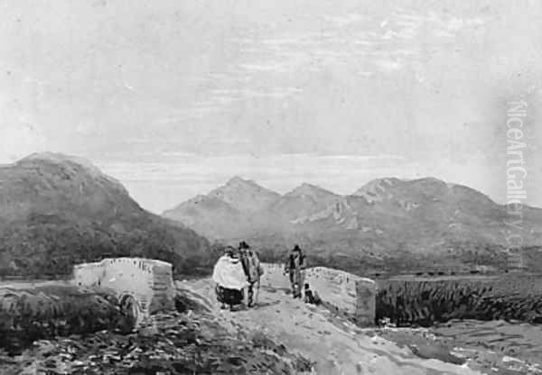 Figures crossing a Bridge in a mountainous Landscape - view 1
