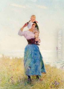 Woman and Child in a Meadow by Hector Caffieri