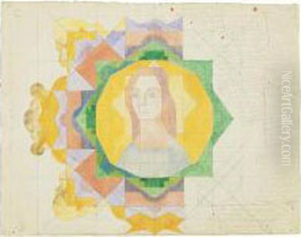 Quatre Aquarelles A Motif De Profil Dans Entourage Rayonnant -notations Chromatiques - view 1