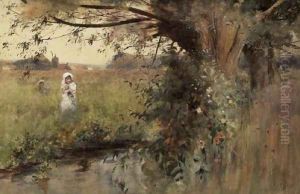 Collecting flowers by the Stream by Hector Caffieri