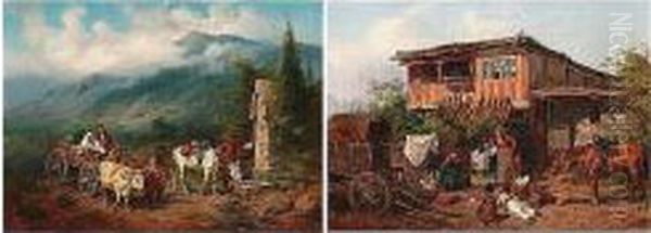 A Pair Of Genre Paintings
Depicting Caucasian Scenes, Including Travellers Stopping By A Water
Well And Gipsies Bartering - view 1