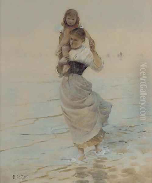 A mother carrying her child through the shallows - view 1