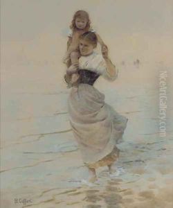 A mother carrying her child through the shallows