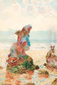Figures on a beach gathering mussels with a dog by Hector Caffieri