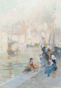 Fisherwomen with their children on the quayside