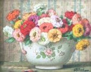 Still Life Of Flowers In A Ceramic Bowl