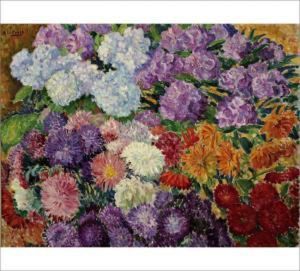 A Still Life With Hydrangea, Rhododendron, Aster And Chrysanthemum