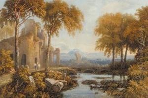 Figures And A Horse Beneath A Ruined Castle by Francis Oliver Finch