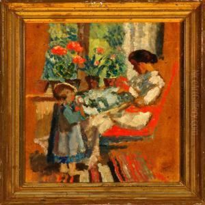 An Interior With Motherand Child Doing Needlework by Ludvig Find