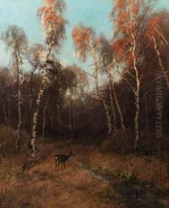 A Birch Forest With A Deer By A Stream by August Fink