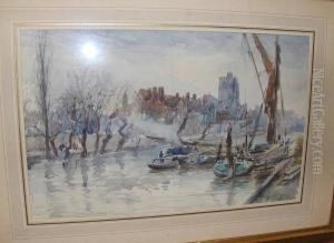 River Scene With Figures Unloading Barges by Herbert John Finn