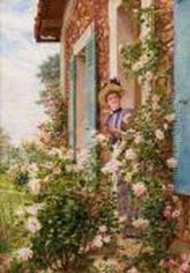 Jeune Femme Sur Le Perron Fleuri De Roses by Marie-Francois-Firmin Girard