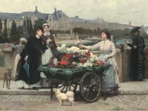 The Flower Seller On The Pont Royal With The Louvre Beyond,paris