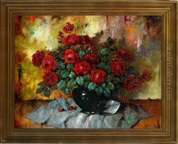 A Still Life With Roses In A Vase On A Table - view 1