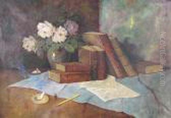 A Still Life Of Pink Roses In A Vase And Stacked Books - view 1