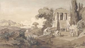 Sudliche Kustenlandschaft Mit Antikem Tempel. by Ludwig Hans Fischer