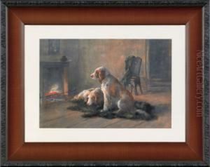 Two Sporting Dogs In Front Of A Fire by Hugo Anton Fisher