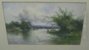 Summer Landscape With Watering Cattle by Hugo Anton Fisher