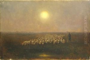 A Shepherd Leading His Flock To Water by Hugo Anton Fisher
