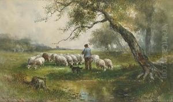 A Shepherd, His Dog, And His Flock In A Pasture - view 1