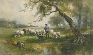 A Shepherd, His Dog, And His Flock In A Pasture by Hugo Anton Fisher