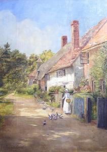 A Village Street, With Maid Feeding Doves