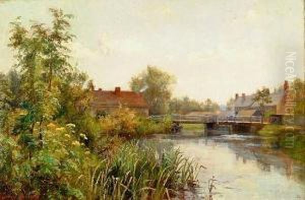 River Landscape With Cottages By A Bridge, Signed - view 1