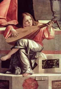 Minstrel angel playing a lute, detail from The Presentation of Jesus in the Temple, 1510 (detail) by Vittore Carpaccio